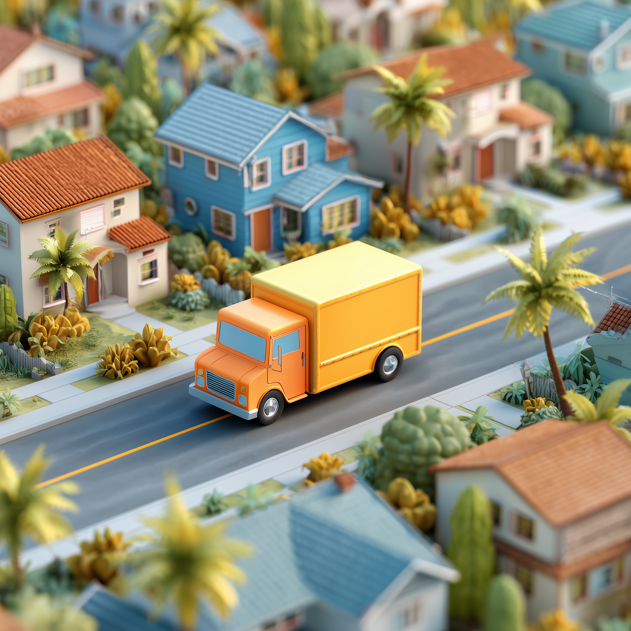 3D illustration of moving truck leaving California neighborhood