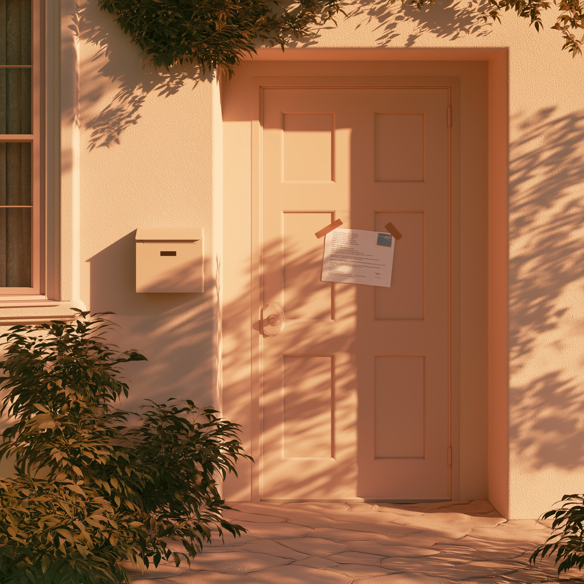3D illustration of California home front door with probate notice